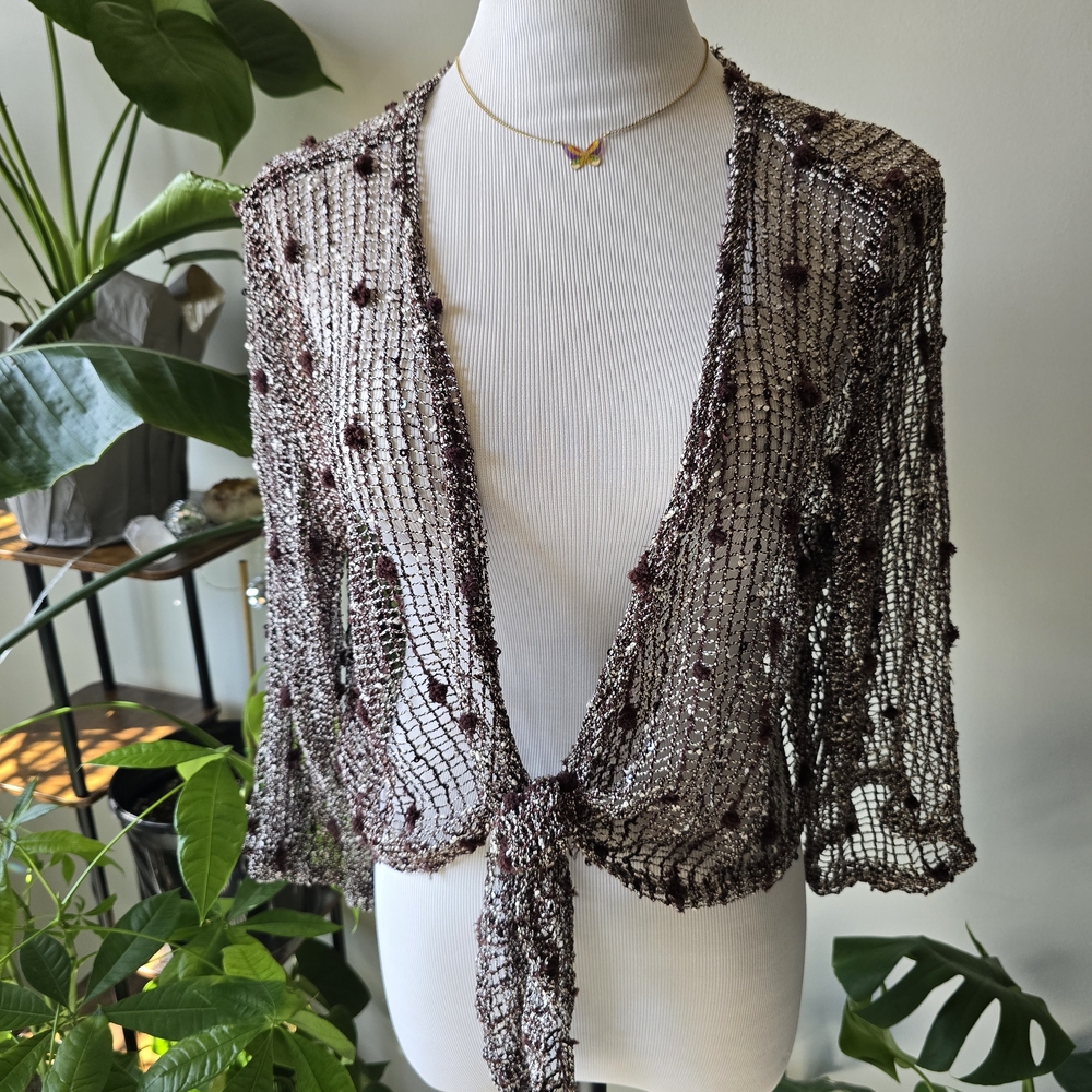 Vintage Jennie U.S.A. Textured Mesh Tie-Front Cardigan